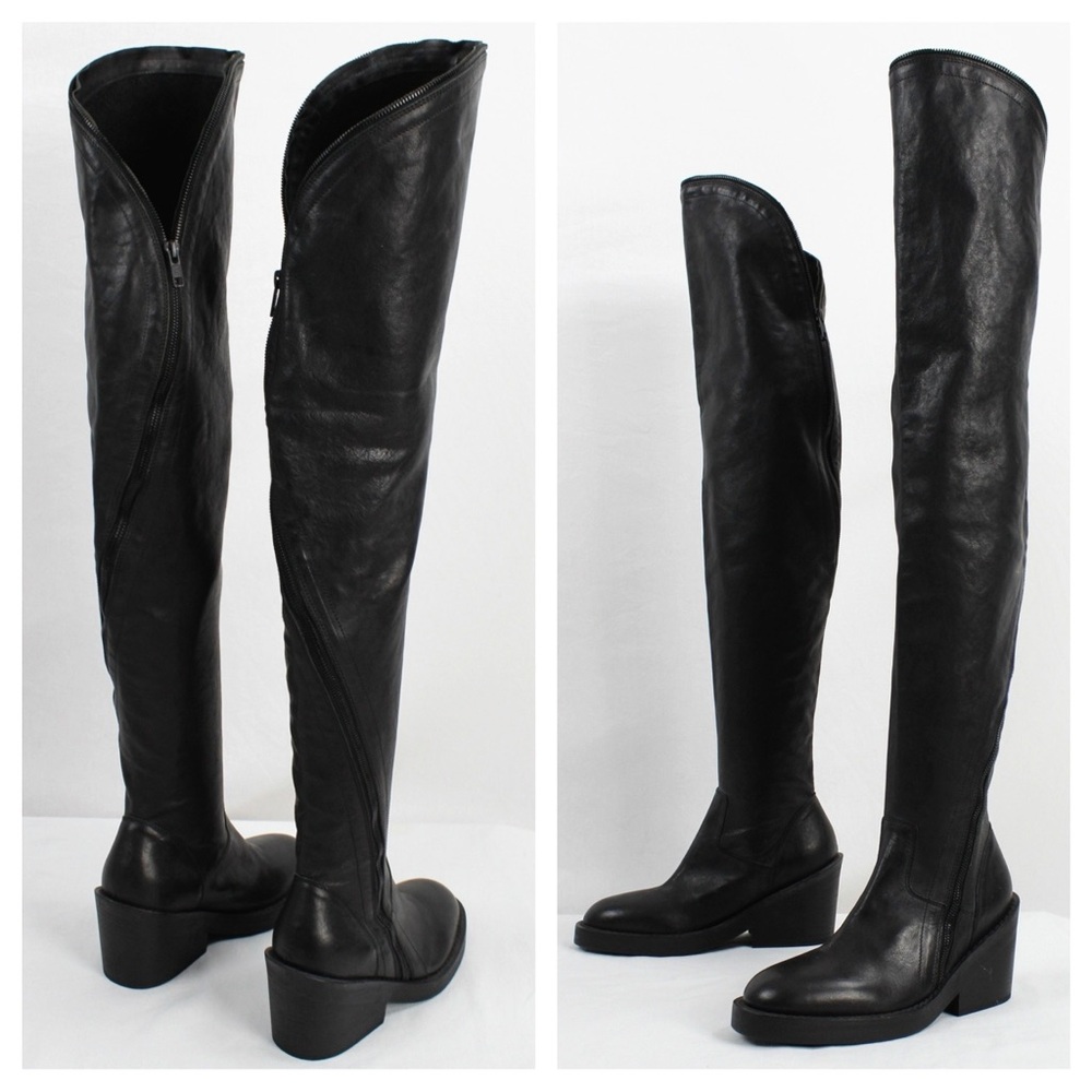 Ann Demeulemeester Spiral Zip Over The Knee Black Leather Runway Boots Sz 7.5